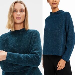 Eileen Fisher Sz M 100% Cotton Mock Neck Textured Knit Sweater Teal Relaxed Fit